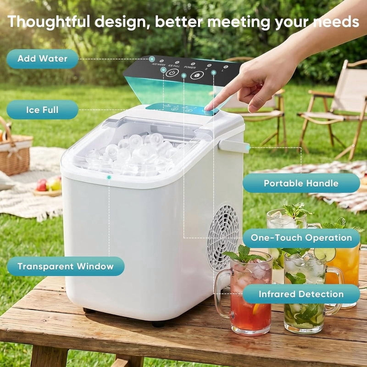 Simenmax Ice Maker Countertop – 26lbs Desktop ice maker with Handle for Home, Kitchen, Office, Outdoors, RV, Camping, White