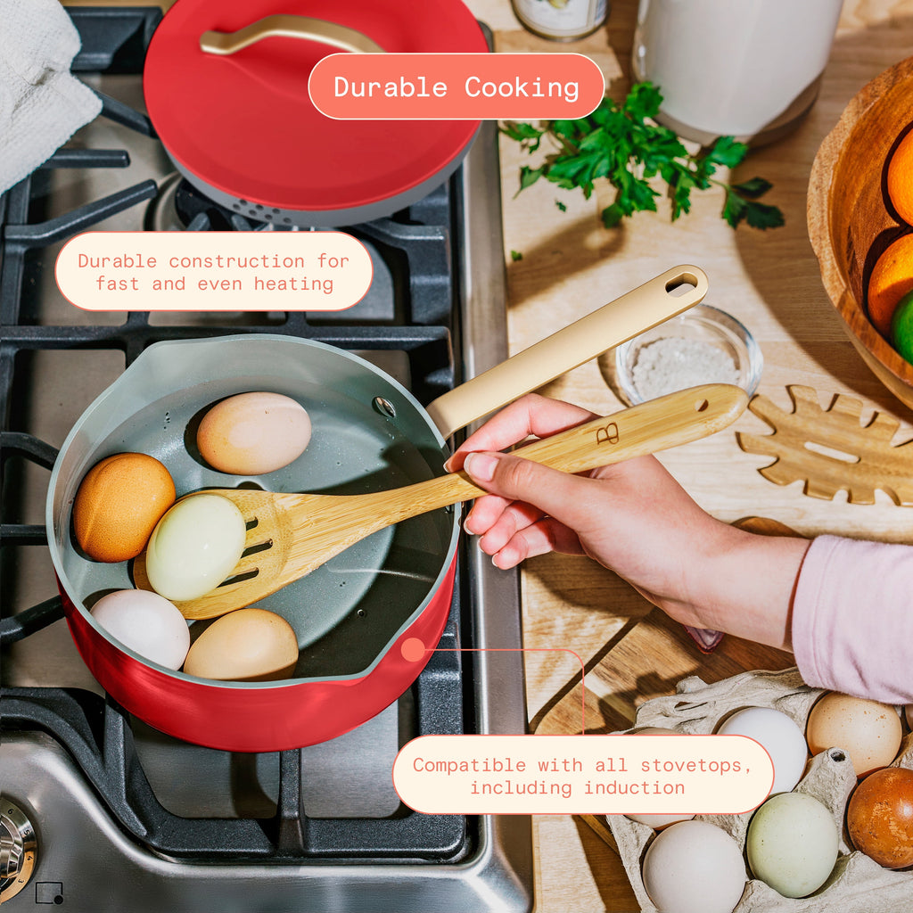 Beautiful 12-Piece Cookware Set, Pots and Pans with Strainer Lids and EverGood Ceramic Nonstick Coating, White Icing by Drew Barrymore