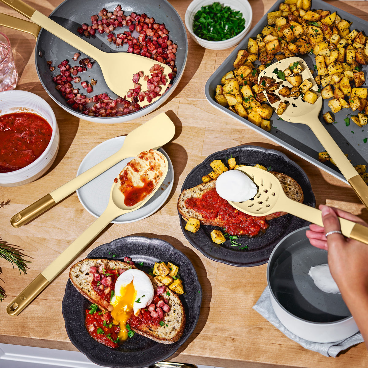 Beautiful 6-Piece Silicone Kitchen Tool Set with Ceramic Crock, Chocolate by Drew Barrymore