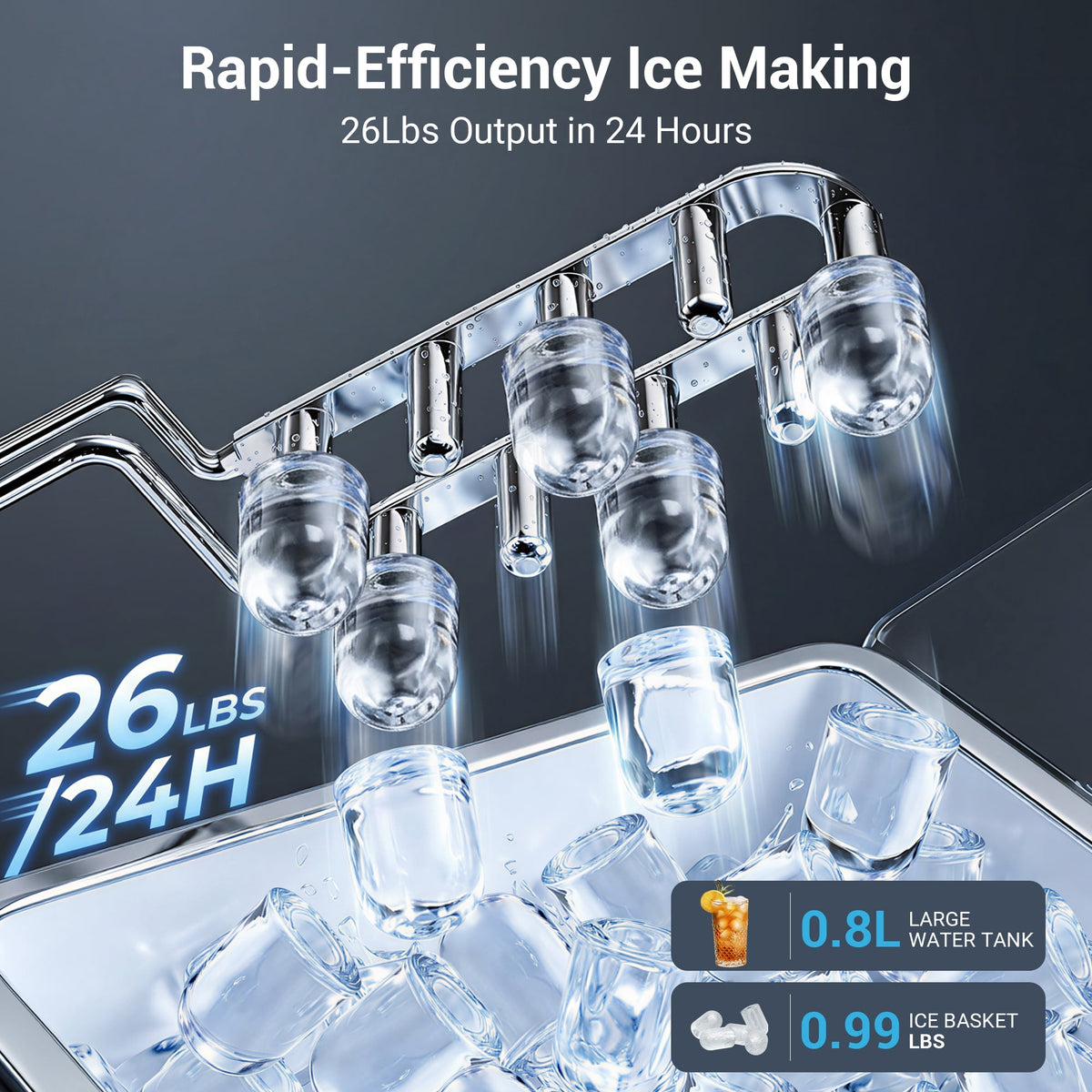 Snowyermine Countertop Ice Maker with Handle, 26 lbs/24H Portable Ice Machine, 2 Bullet Ice Sizes, 8 Cubes in 6 Minutes, Self-Cleaning for Home, Bar, RV and Camping