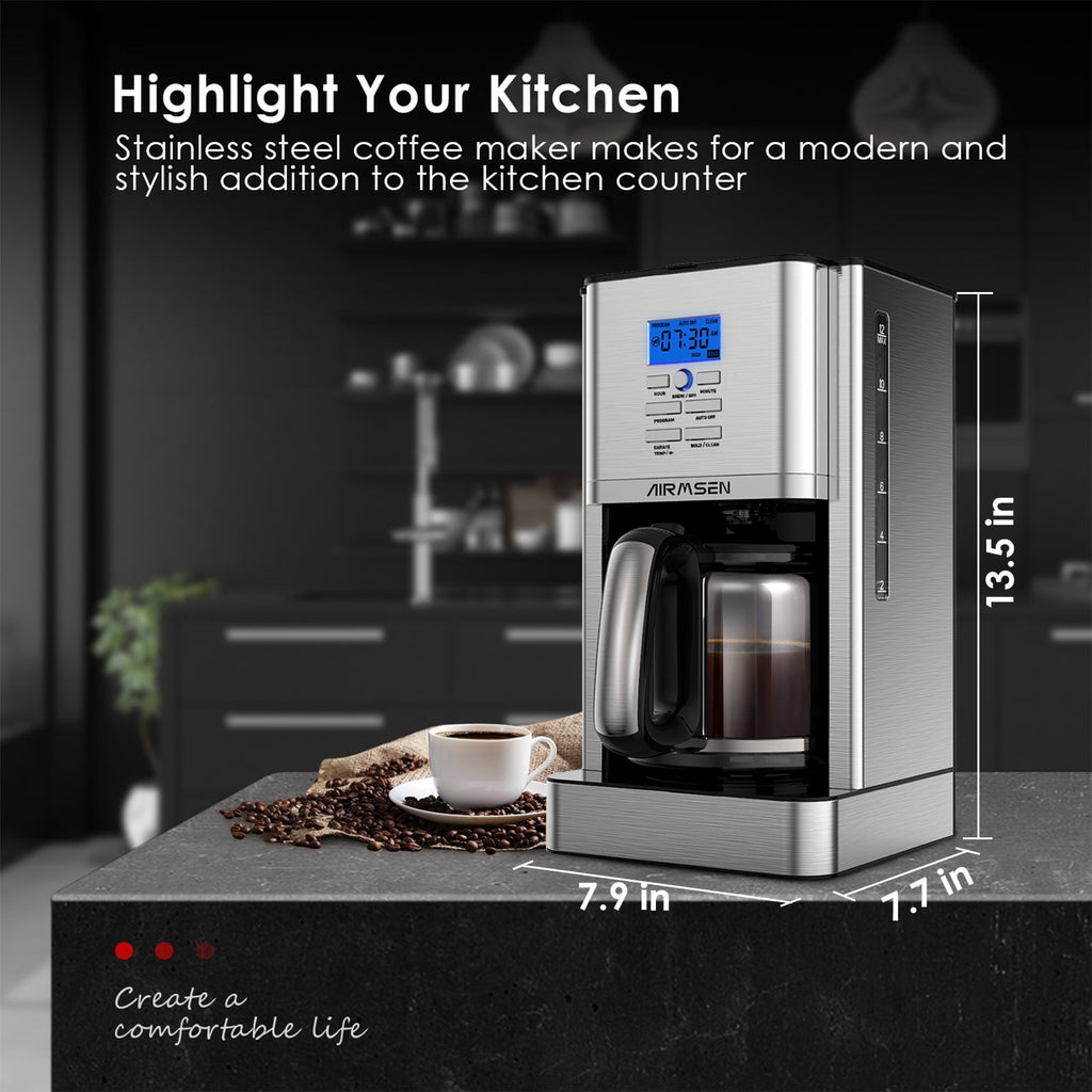 AIRMSEN Stainless Steel 12 Cup Drip Coffee Maker, Programmable Coffee Machine Self-Cleaning
