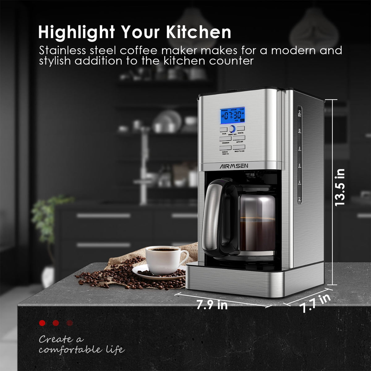 AIRMSEN Stainless Steel 12 Cup Drip Coffee Maker, Programmable Coffee Machine Self-Cleaning