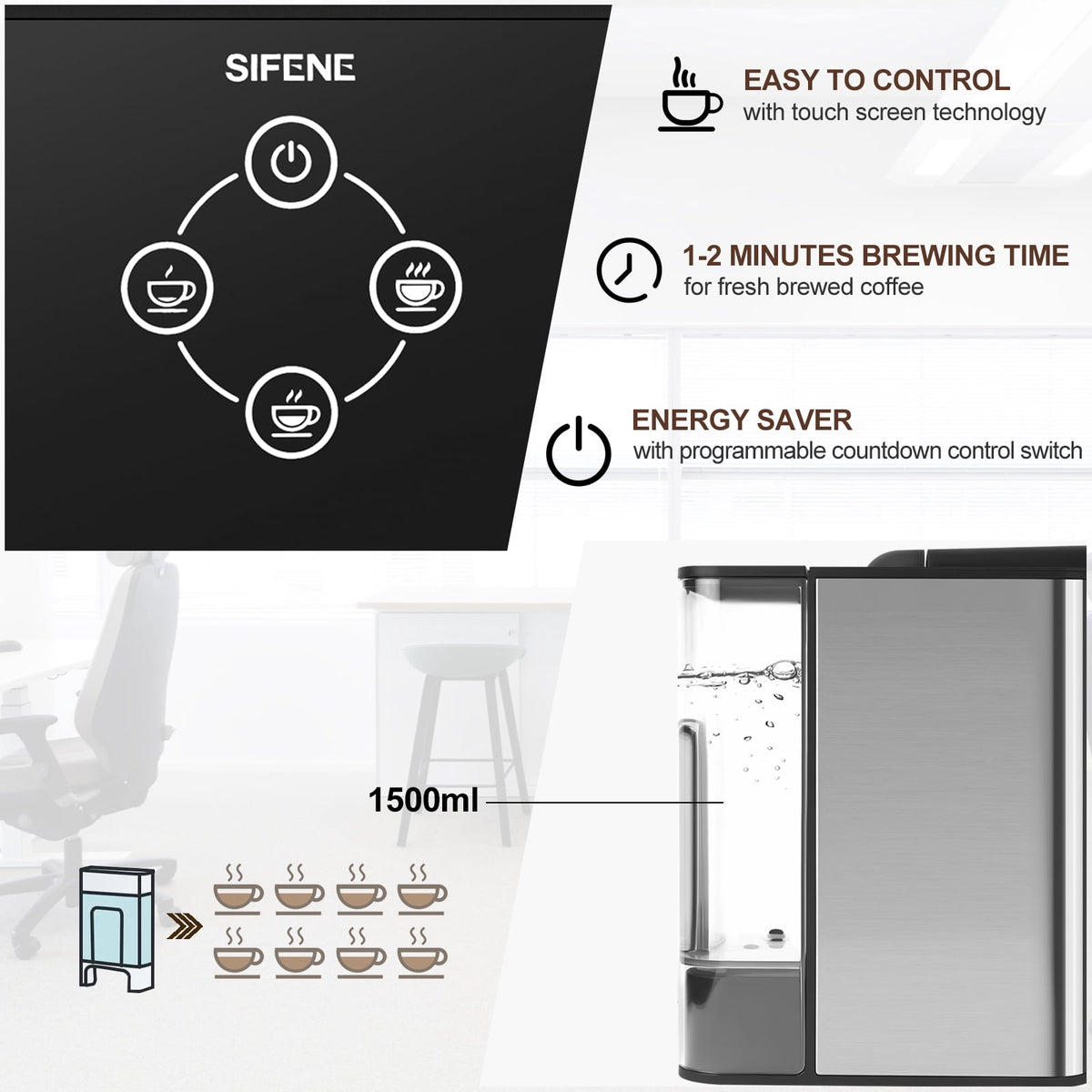 SIFENE 3-in-1 Single Serve Coffee Maker, Compatible with K Cup Capsules & Grounds, Tea Maker, 6-10 Oz Brew Sizes, 50 Oz Removable Reservoir, Fast Brew, Compact Design, 120V 1150W, Black