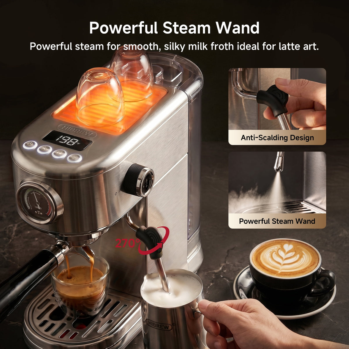 HiBREW 20 Bar Semi Automatic Espresso Machine for Home, Stainless Steel Coffee Maker with Steam Wand H10B