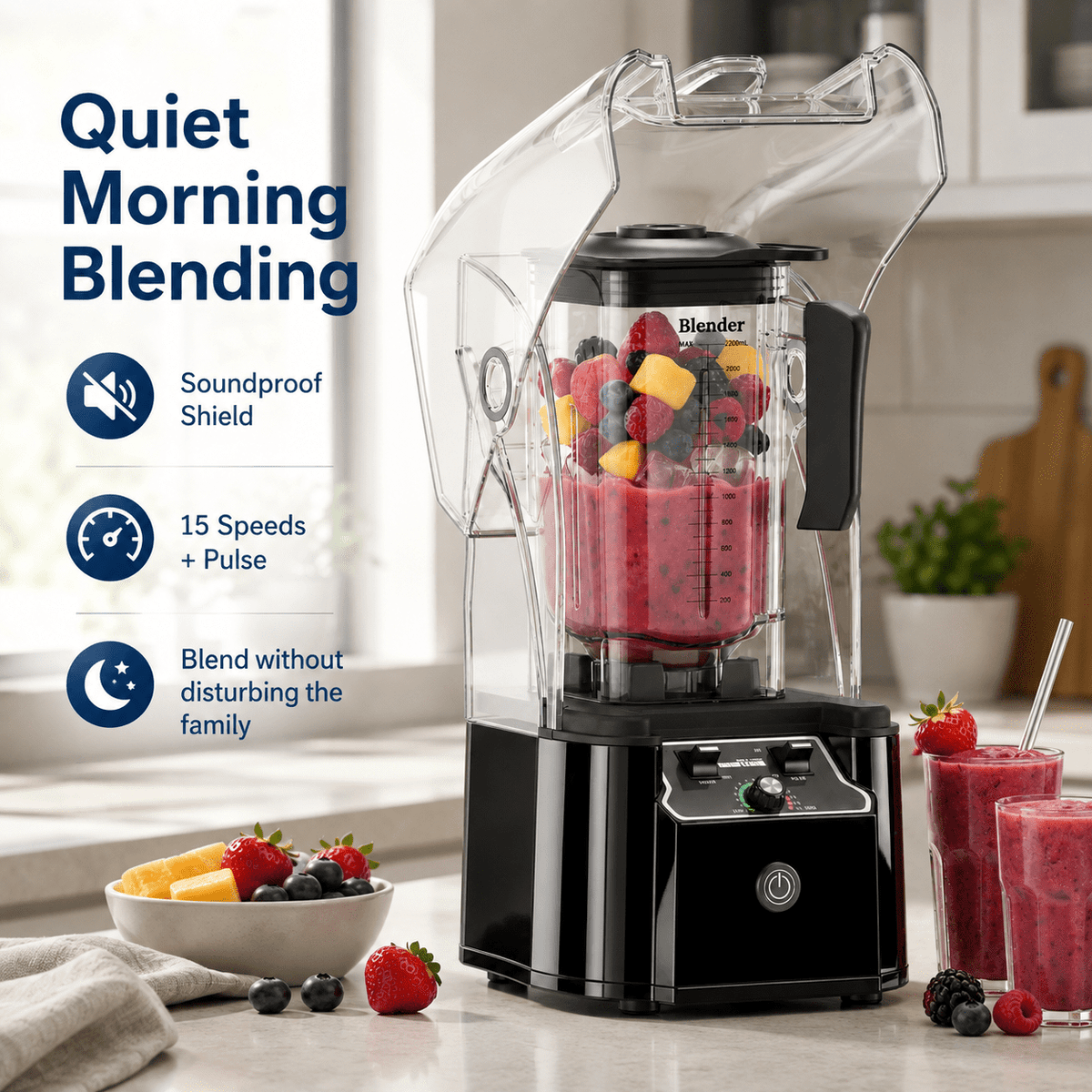 WantJoin Blender-Commercial Blender with Soundproof Shield, Enclosure 2200W ,Quiet Professional-Grade Power,Self-Cleaning,Gray