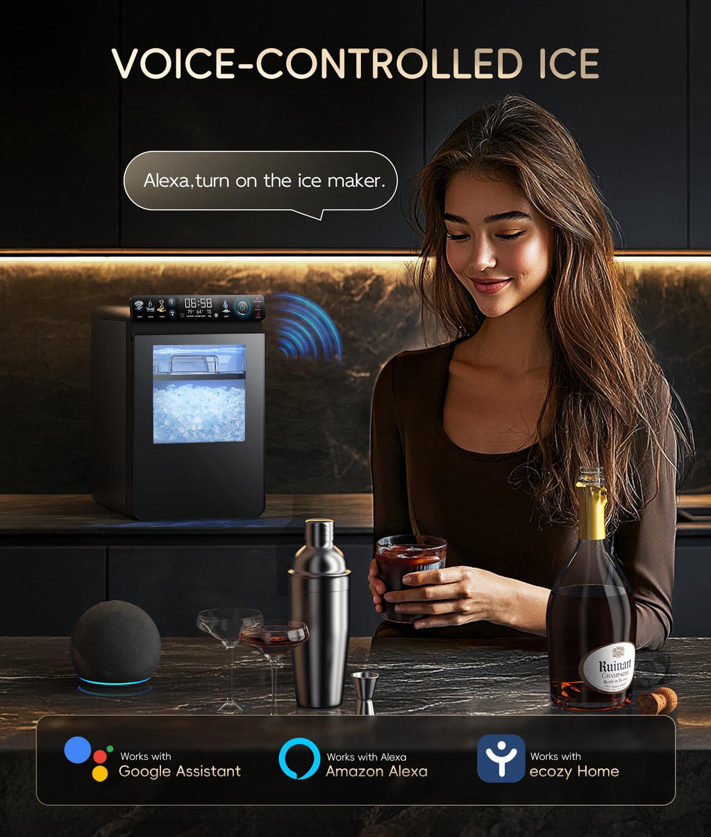 Ecozy Chillio Nugget Ice Maker Countertop with App Control, Smart Pebble Sonic Ice Machine, 44LBS/24H Soft Chewable Pellet Ice
