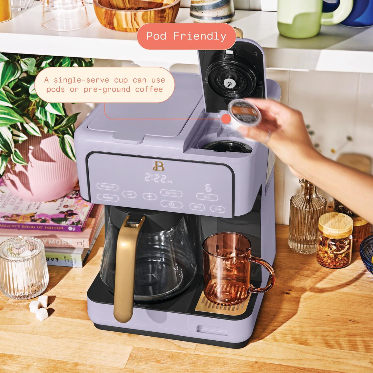 Beautiful by Drew Barrymore Multi-Brew 12-Cup Programmable Drip & Single-Serve Coffee Maker, White Icing