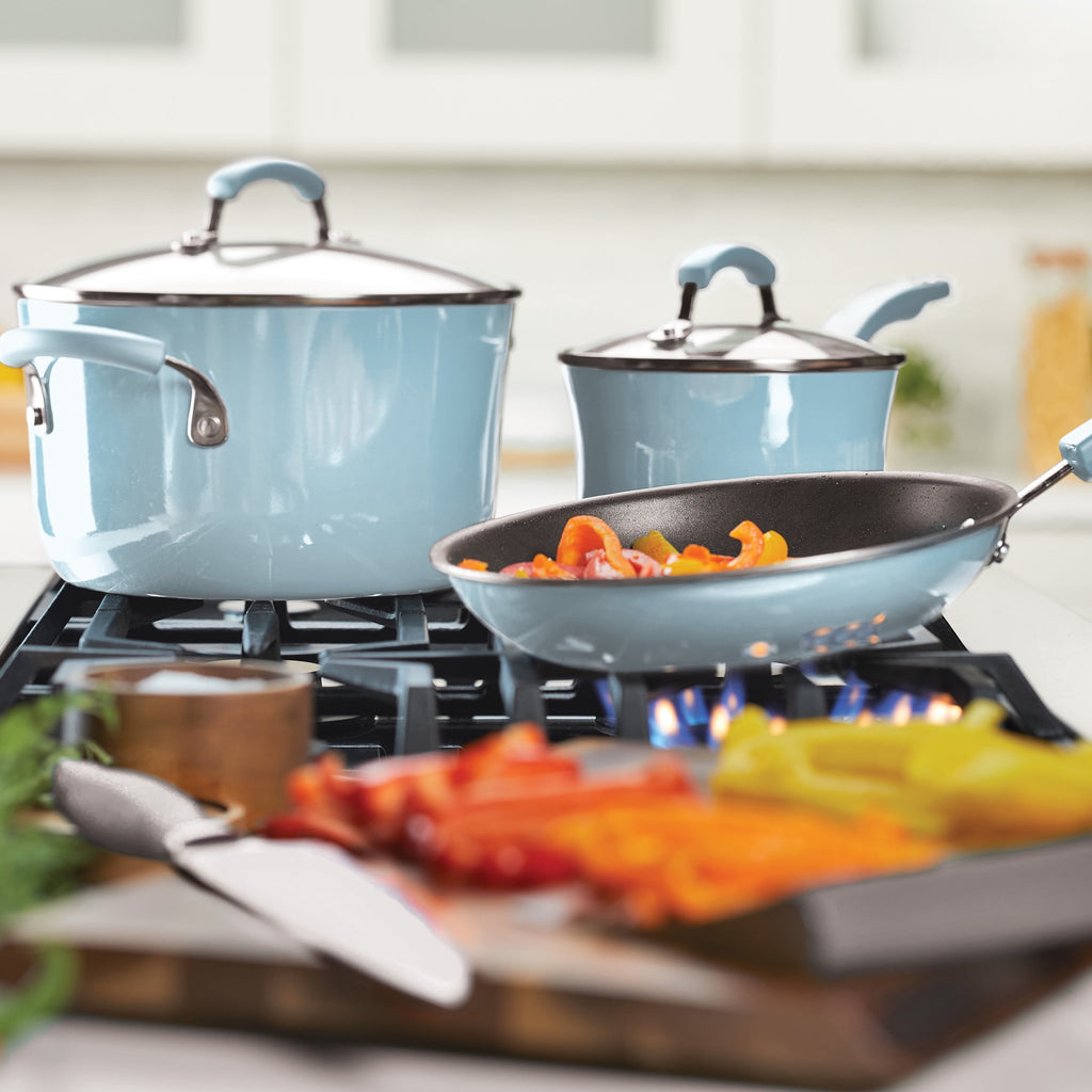 Rachael Ray Classic Brights Porcelain Aluminum Nonstick Cookware Pots and Pans Set, 14-Piece, Sky Blue