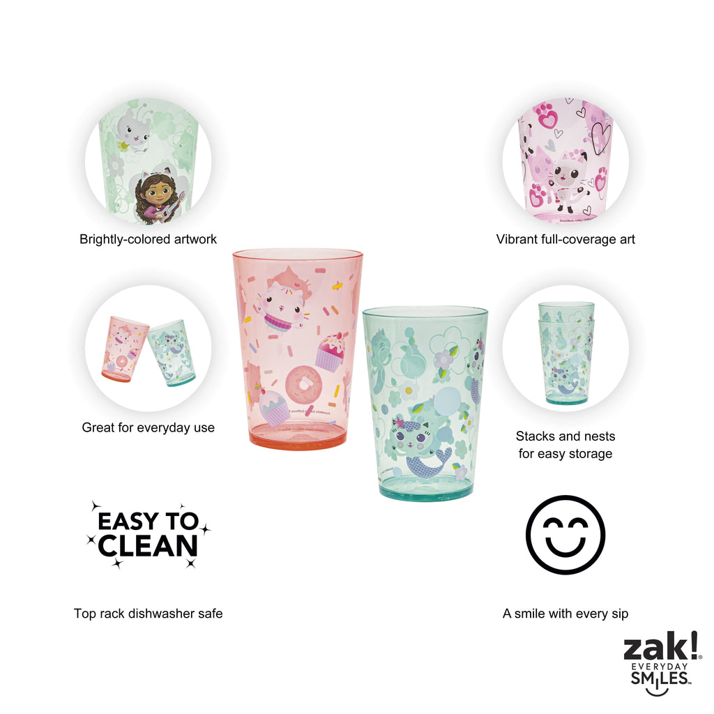 Zak Designs Gabbys Dollhouse Kids 4-Piece 14.5 oz Tumbler Set Durable Plastic Cups Fun Drinkware Nesting 4 pcs Set, Gabby and Friends