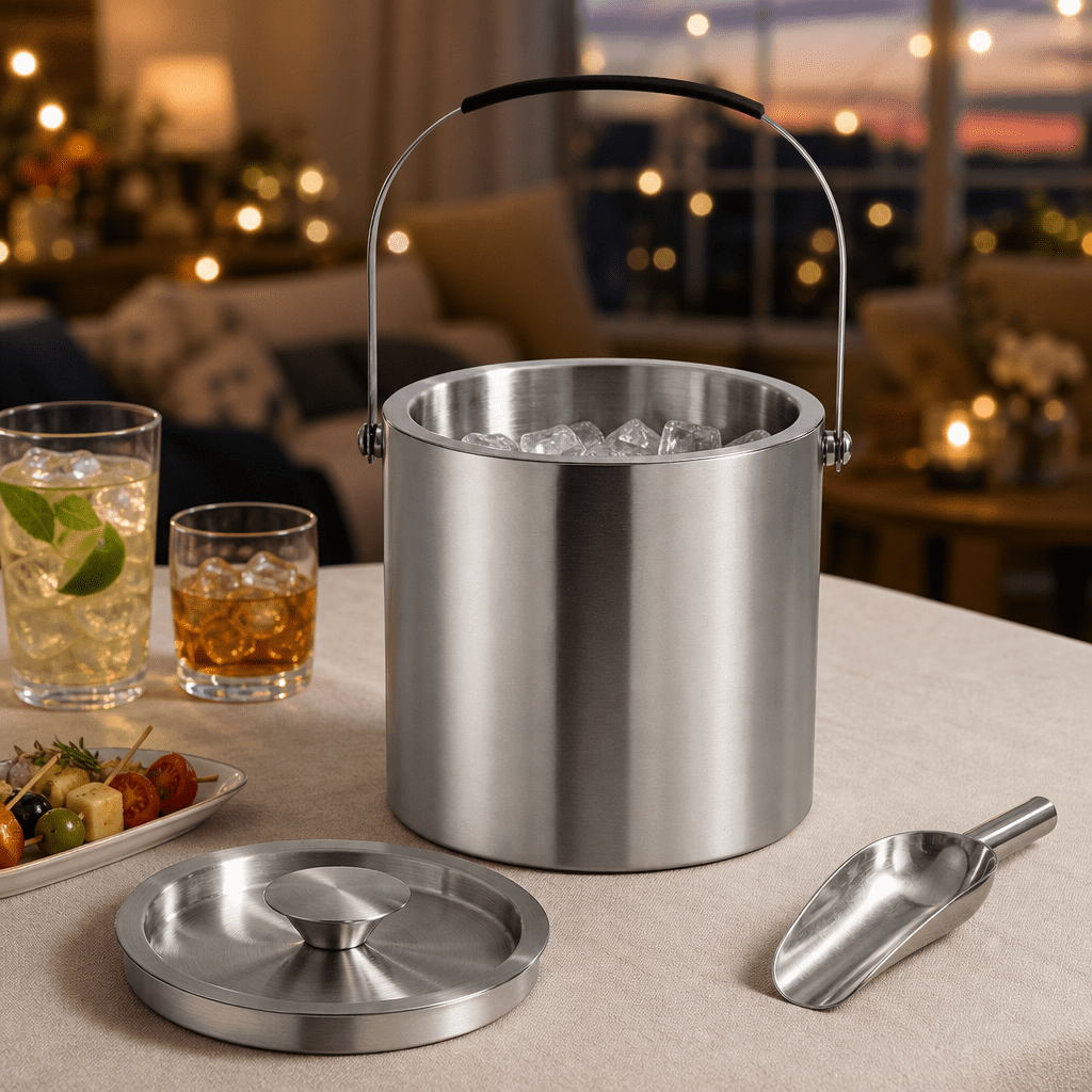 304 Stainless Steel Ice Bucket, 3L, Double Wall Insulated, with Lid, Carrying Handle and Ice Scoop, for Bar, Party, Outdoor