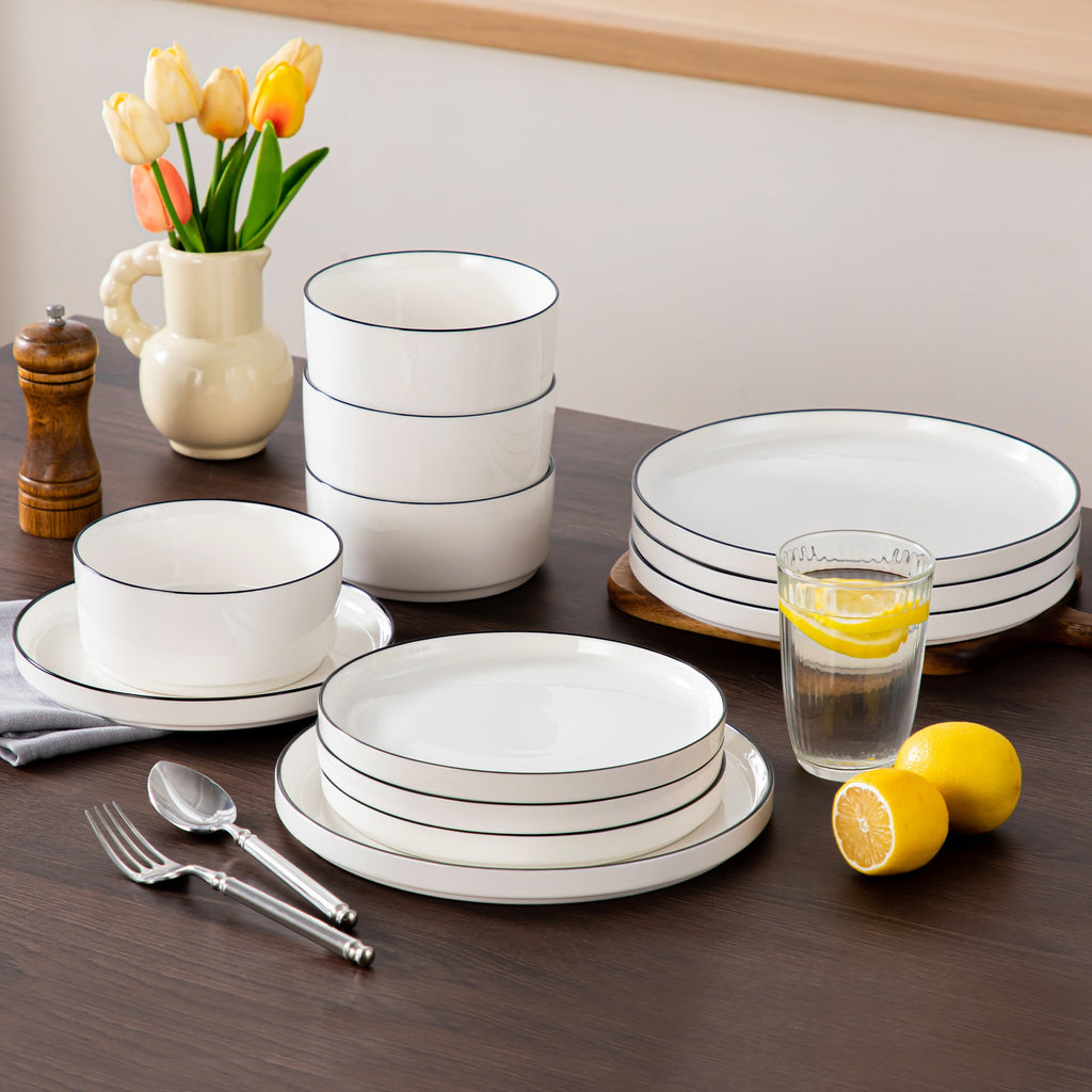 Vancasso 12 Pcs Dinnerware Sets, Plates and Bowls Set for 4, Ceramic Dinner Set, Scratch Resistant, White