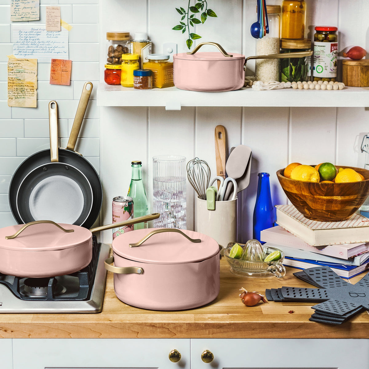 Beautiful 12-Piece Cookware Set, Pots and Pans with Strainer Lids and EverGood Ceramic Nonstick Coating, White Icing by Drew Barrymore
