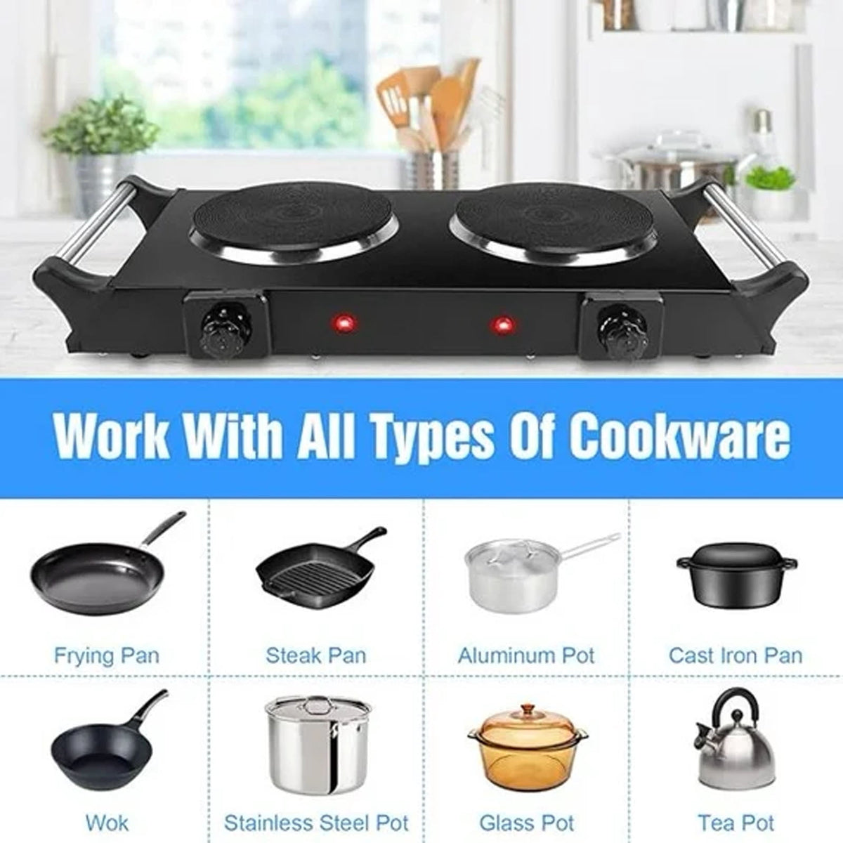 2000W Double Countertop Burner, Portable Electric Hot Plate and Stove with 5 Temperature Controls, Lightweight Burner Cooktop for Kitchen, Dorms, Apartments, RV, Black