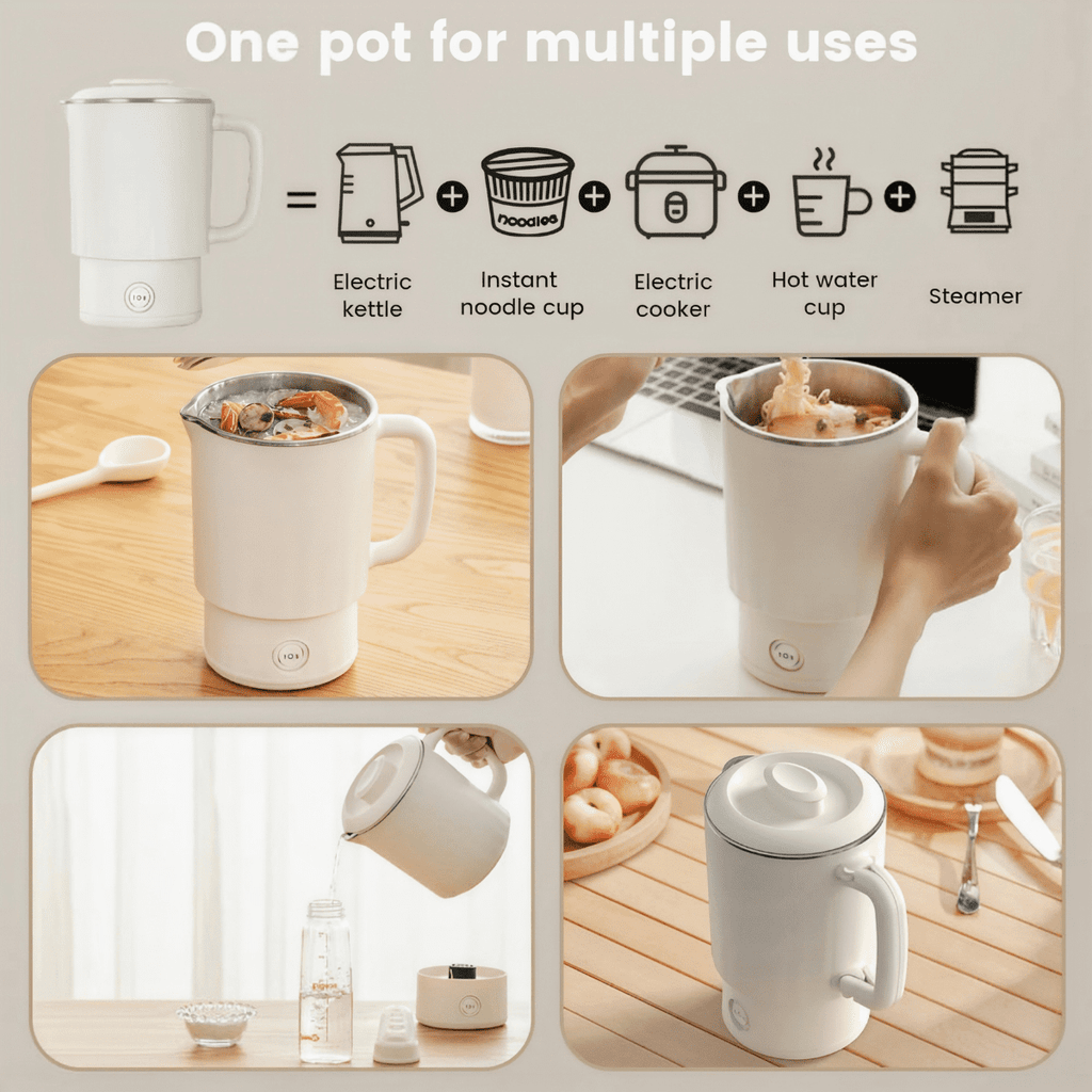 SpaceMuse Portable Collapsible Electric Water Kettle 27.1oz, 304 Stainless Steel Electric Kettle with Dual Heat Settings, Tea Brewer Milk Frother Coffee Maker with for Travel Camping Office&Home Use