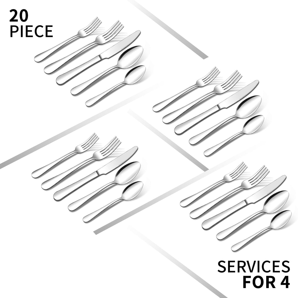 20 Piece Silverware Set, ENLOY Stainless Steel Solid Flatware Cutlery for 4, Modern & Elegant Design, High Quality Gift