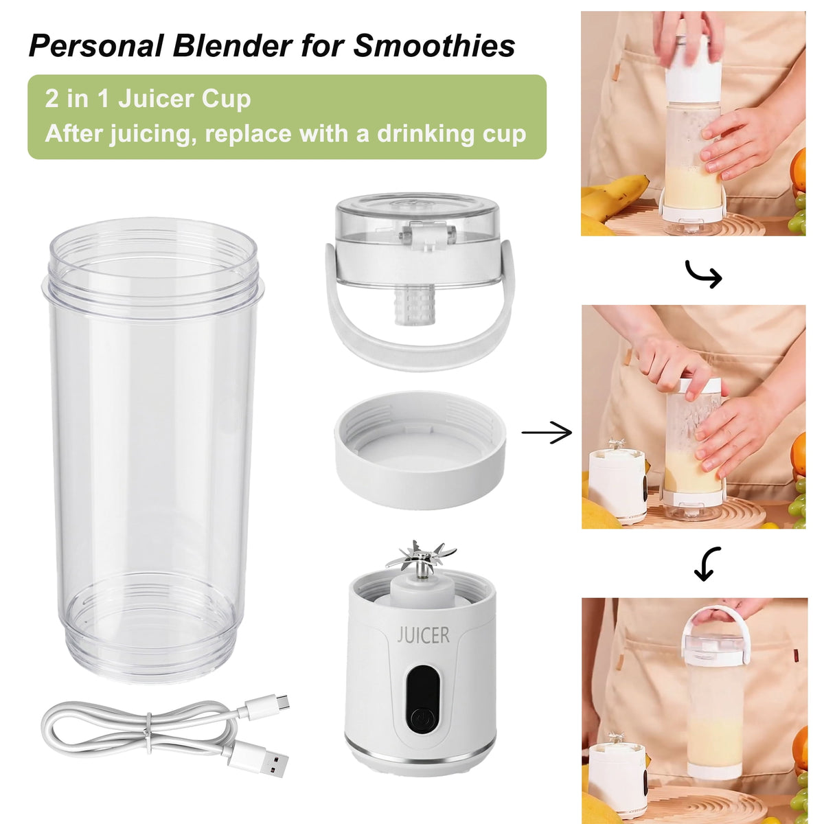Portable Blender, 20 Oz Smoothie Blender USB Rechargeable Personal Blender for Kitchen with 12 Blades Direct-Drink Lid Cup Base