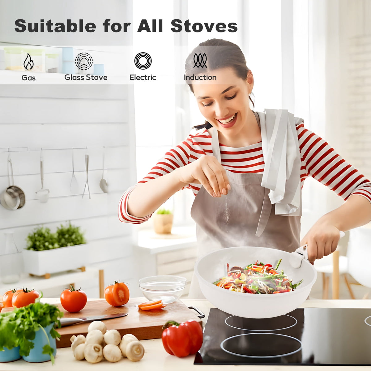 17 Piece Ceramic Pots and Pans Set Non Stick, Cookware Set with Detachable Handle, Oven Safe, Induction Ready, Stackable RV Kitchen Cooking Set Removable Handles, Cream White
