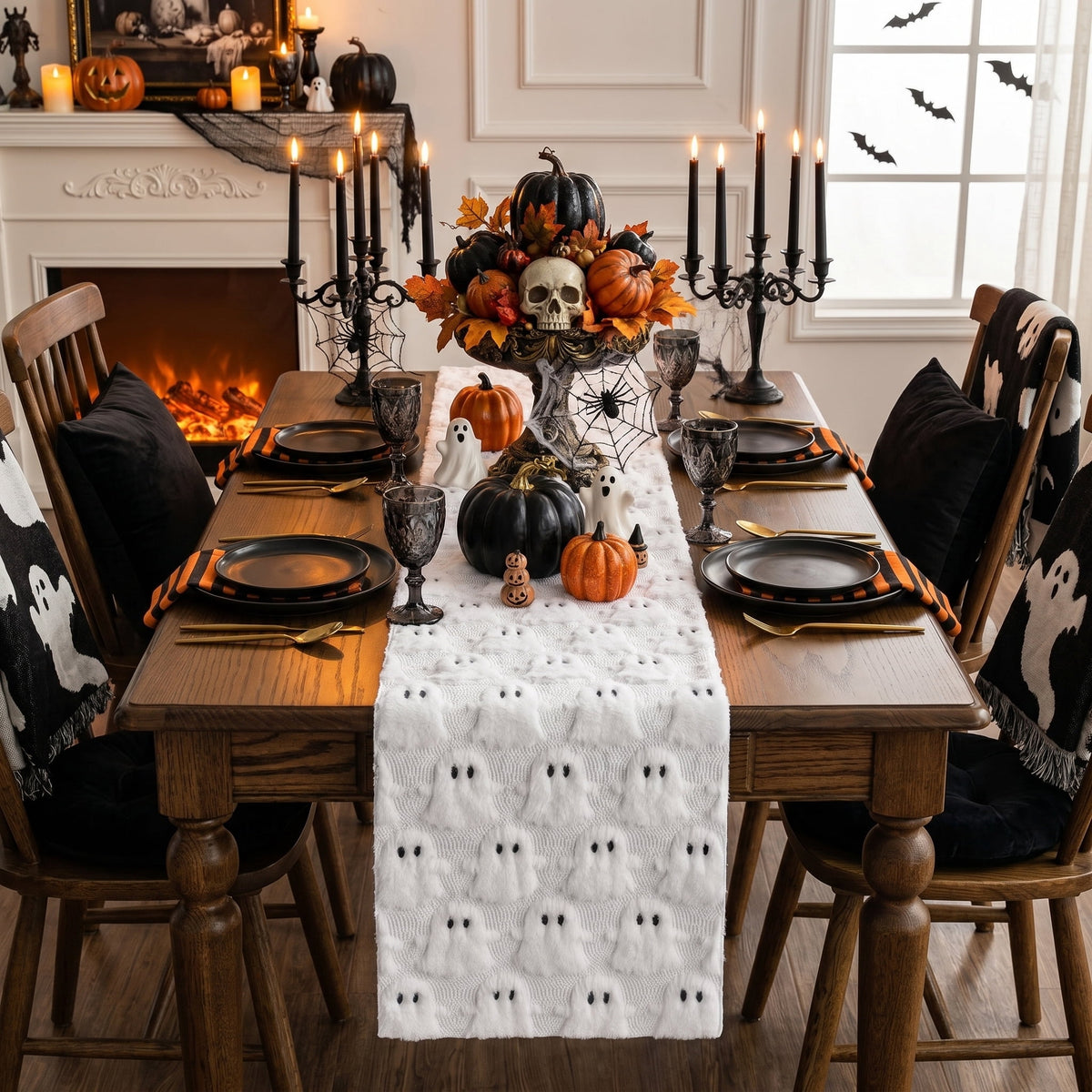 Sm:)e White Ghost Halloween Table Runner 13x72 Inch, Soft Plush Faux Fur Mantel Kitchen Dining Table Decor, Halloween Home Party Decor