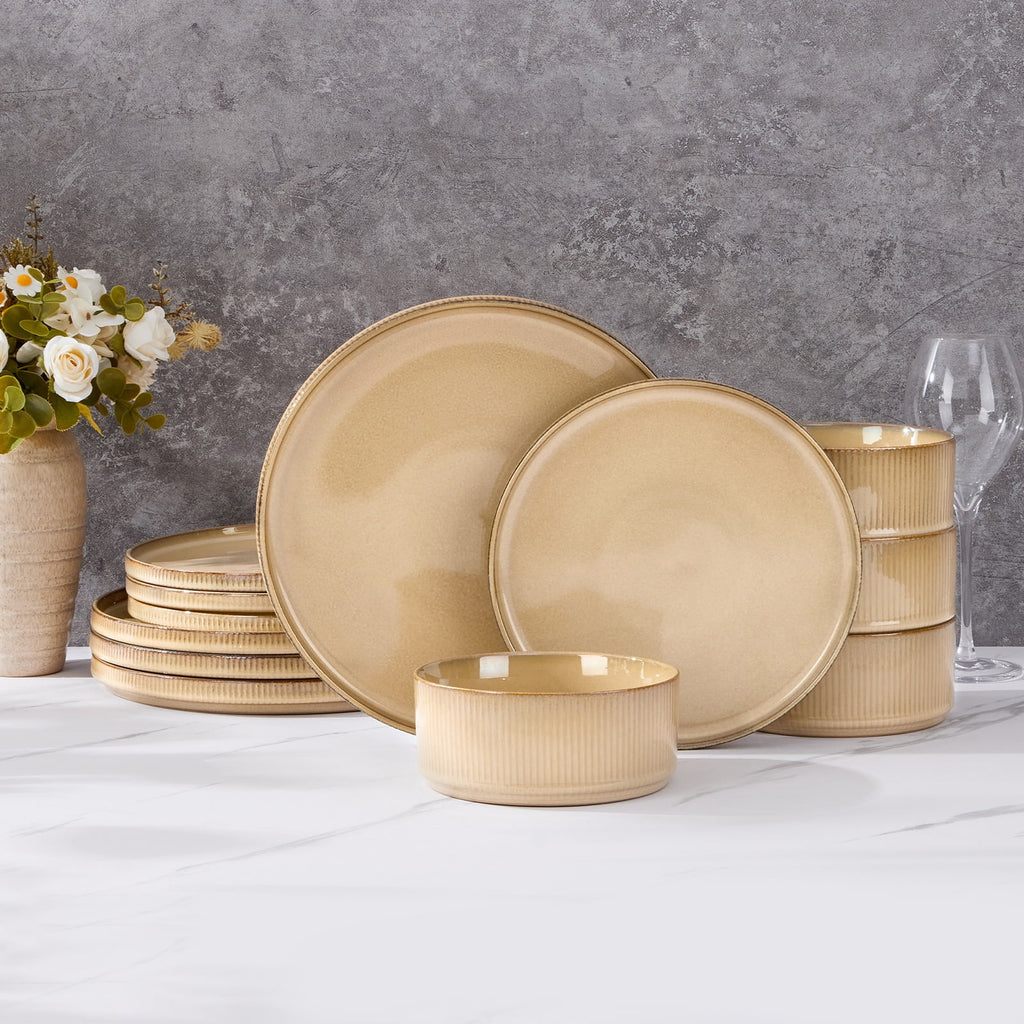 Vesteel 12 Pieces Dinnerware Set for 4, Premium Stoneware Ribbed Dishes, Chip & Scratch Resistant Plates and Bowls Set for Home Restaurant, Microwave and Dishwasher Safe - Speckled White