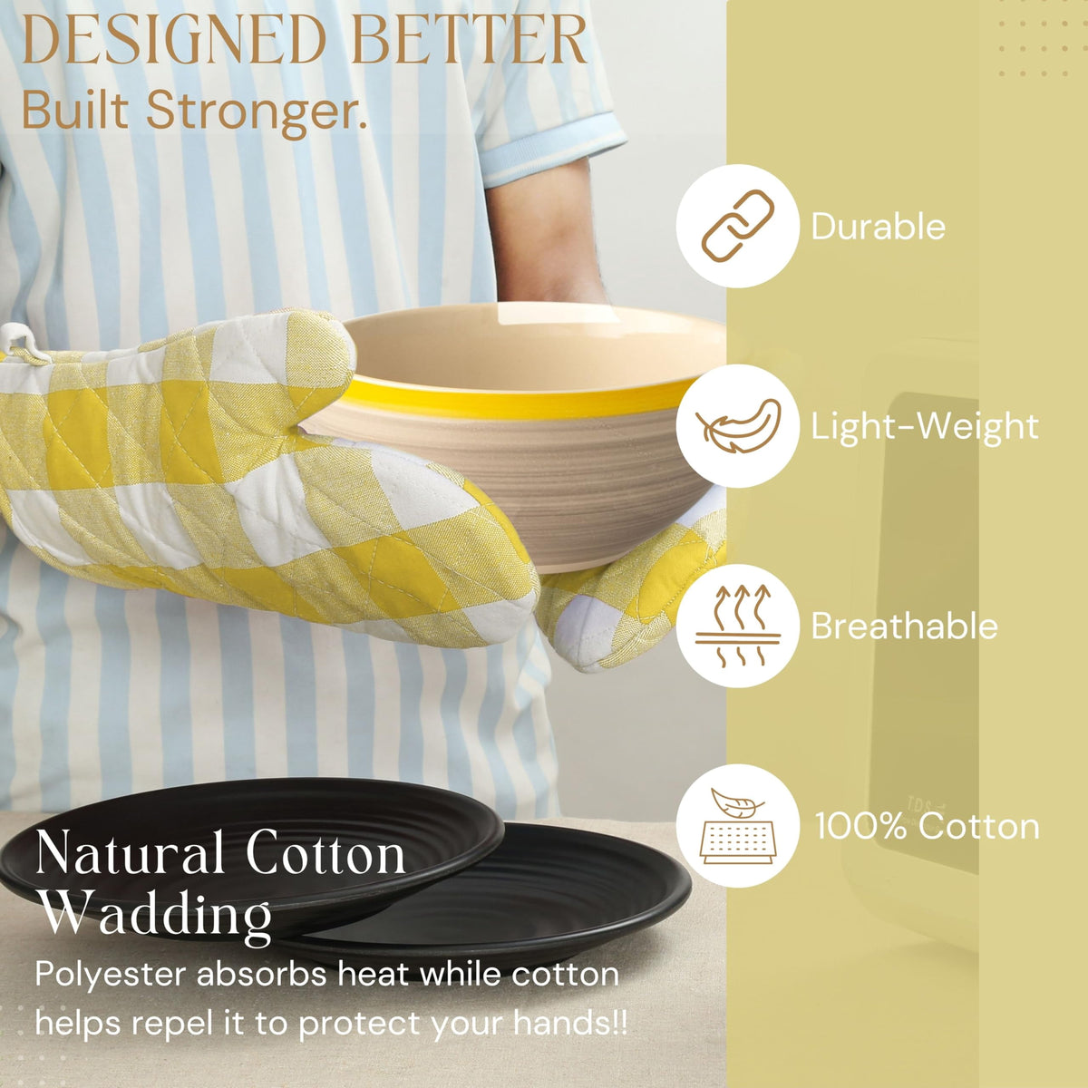 Softopia Cotton Buffalo Plaid Check Oven Mitts and Pot Holders Set, 100% Cotton, Heat Resistant, 2 Oven Gloves 7x13 Inches and 2 Hot Pads 8x8 Inches for Cooking and Baking, Lemon Yellow White