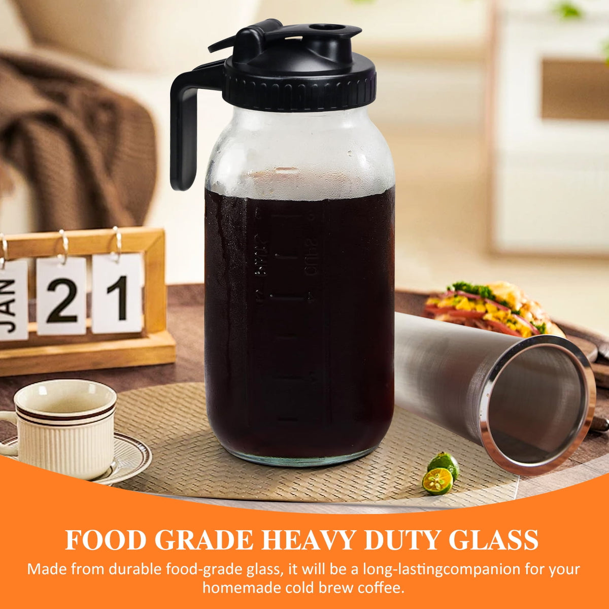 TINANA Cold Brew Coffee Maker, 64OZ Wide Mouth Mason Jar Pitcher with Stainless Steel Filter, Pour Spout for Iced Brew Coffee & Tea Lemonade