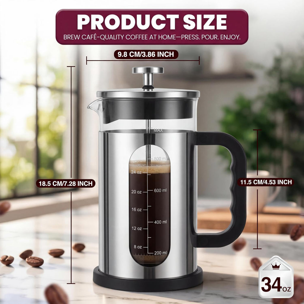 Glass French Press Coffee Maker, 304 Stainless Steel Heat Resistant Durable, Borosilicate Glass Coffee Press, 34oz