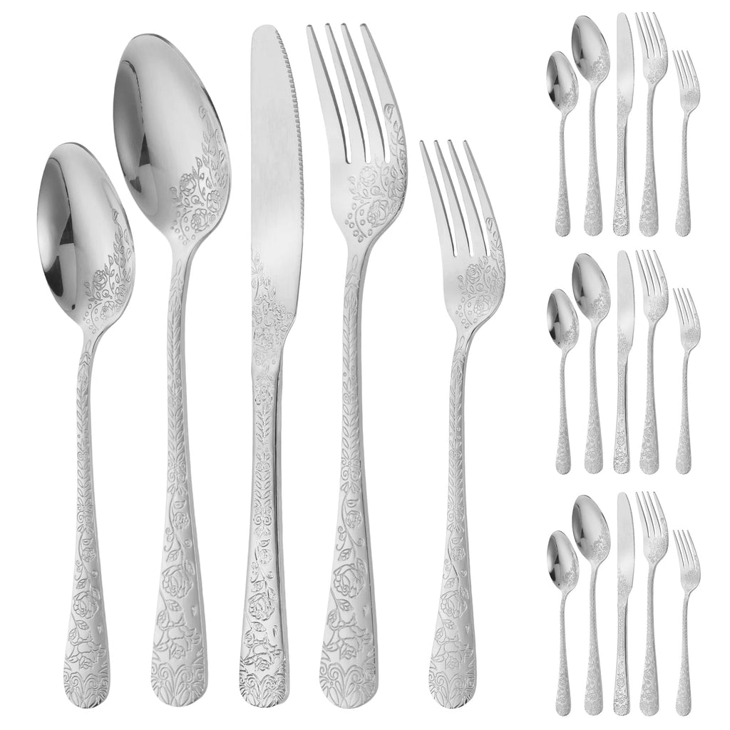 20 Pcs Floral Silverware Set Including Fork Spoon and Knife Stainless Steel Flatware Set Vintage Cutlery Set Mirror Polished Utensil Set for Kitchen Dishwasher Safe Service for 4