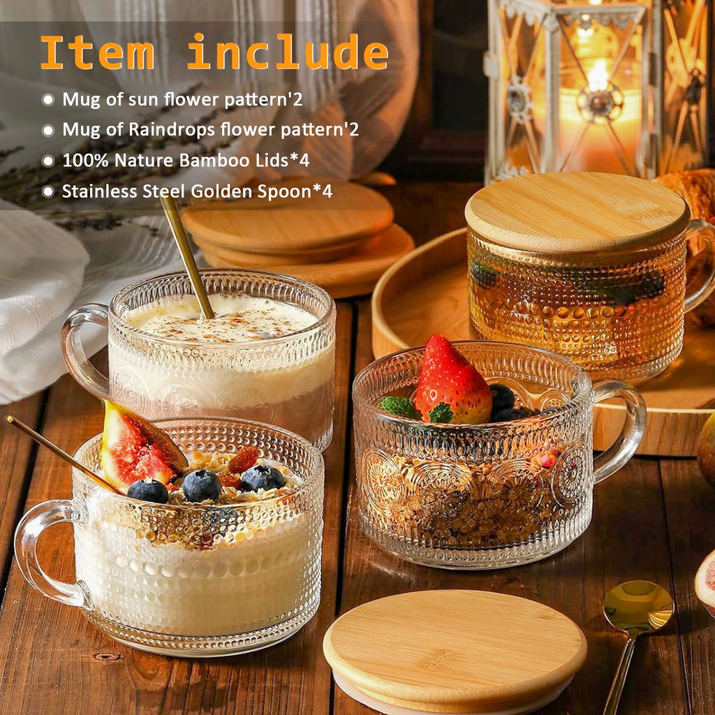 TINANA Vintage Coffee Mugs: 4 pack Clear Embossed Glass Cups, 14oz Overnight Oats Containers with Bamboo Lids and Spoons, Cute Coffee Bar Accessories, Iced Coffee Glasses
