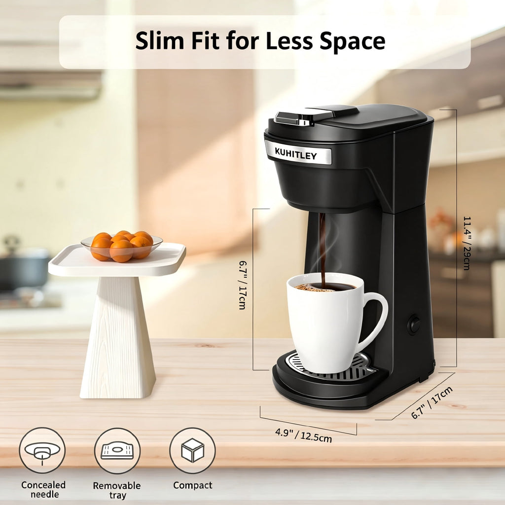 2 in 1 Single Serve Coffee Maker for K Cup Pods & Ground Coffee, Mini K Cup Coffee Machine with 6 to 14 oz Brew Sizes, Single Cup Coffee Brewer with One-Press Fast Brewing, Reusable Filters,Black