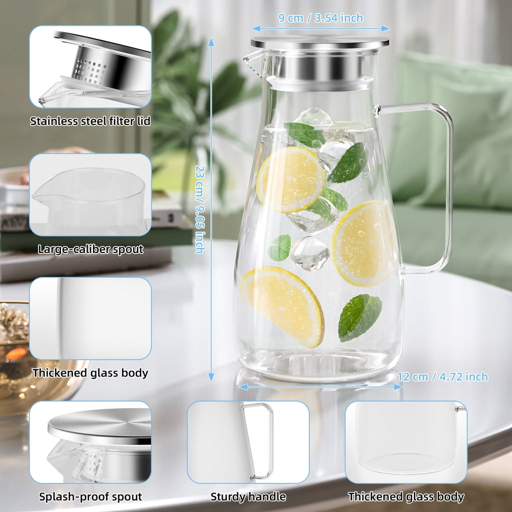 64 oz Water Pitcher with Lid and Spout, 1.8L Heat & Cold Resistant Glass Water Carafe with Handle, Easy to Clean Thickened Borosilicate Glass Jug for Cold and Hot Beverage
