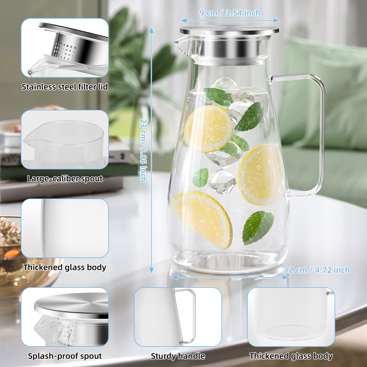 64 oz Water Pitcher with Lid and Spout, 1.8L Heat & Cold Resistant Glass Water Carafe with Handle, Easy to Clean Thickened Borosilicate Glass Jug for Cold and Hot Beverage