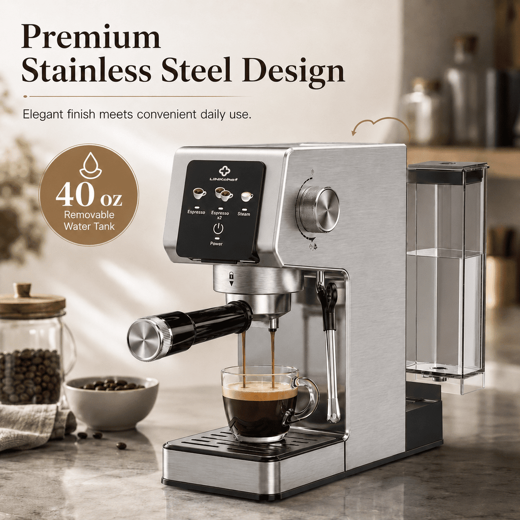 LINKChef 20-Bar Espresso Machine with Automatic Steam Wand, 1300W Professional Espresso Maker, 40 oz Removable Water Tank, Single & Double Shot
