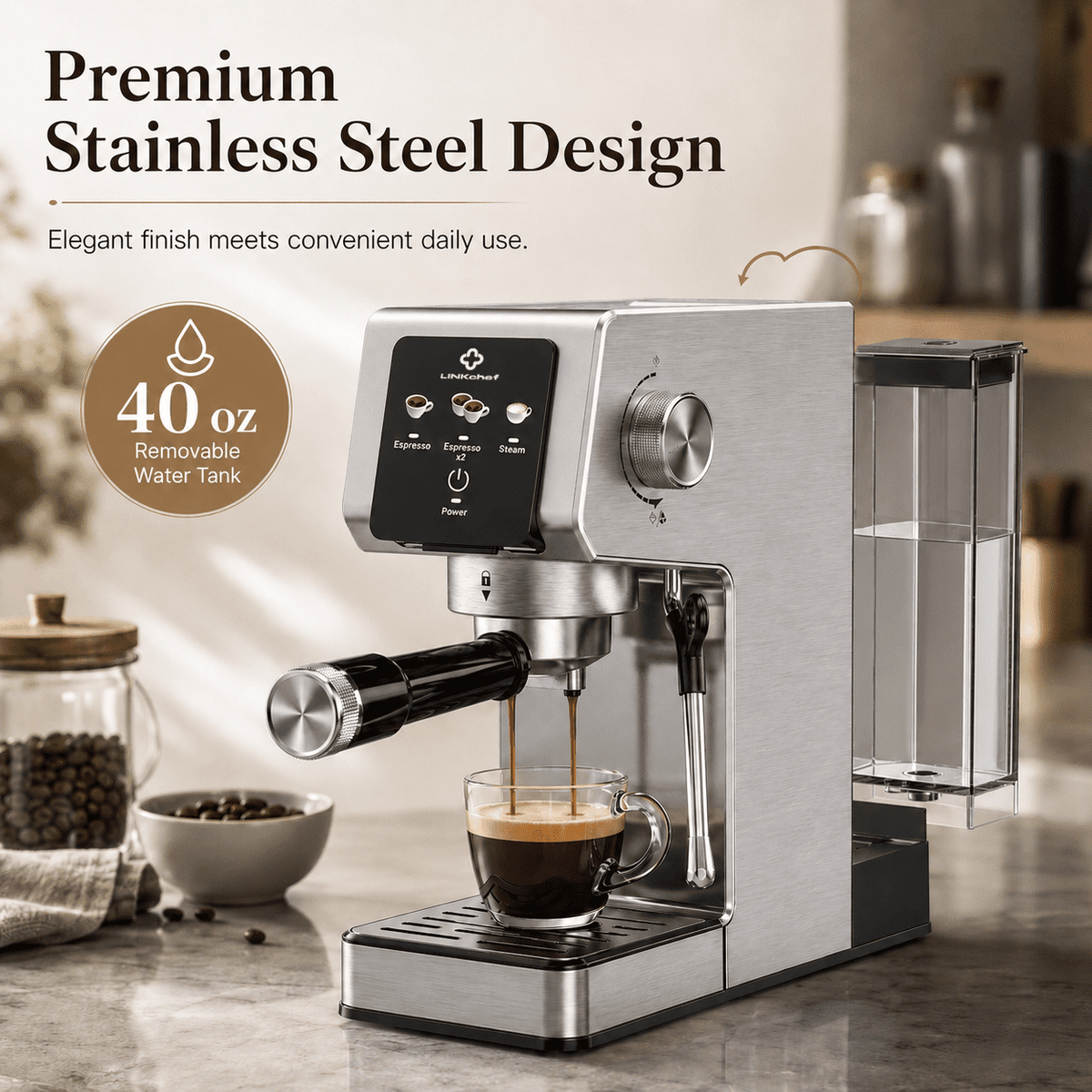 LINKChef 20-Bar Espresso Machine with Automatic Steam Wand, 1300W Professional Espresso Maker, 40 oz Removable Water Tank, Single & Double Shot