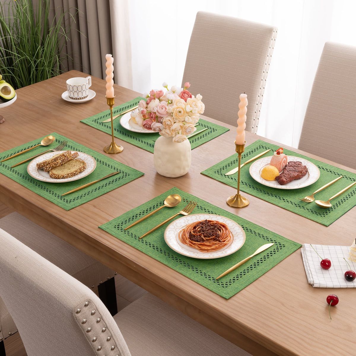 Placemats Set of 4, Yamaziot Double Layer Cloth Fabric Heat Resistant Place Mat, Washable Reversible Rectangle Dining Table Mats, Hollow Khaki, 12"x18"