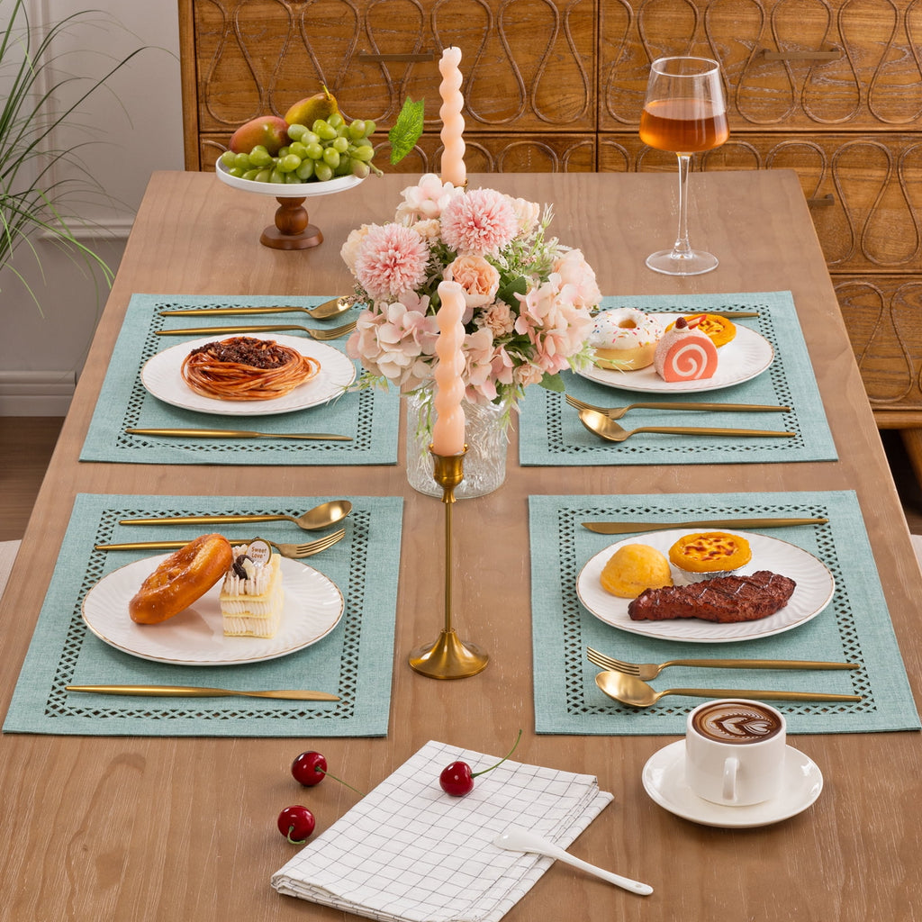 Placemats Set of 4, Yamaziot Double Layer Cloth Fabric Heat Resistant Place Mat, Washable Reversible Rectangle Dining Table Mats, Hollow Khaki, 12"x18"