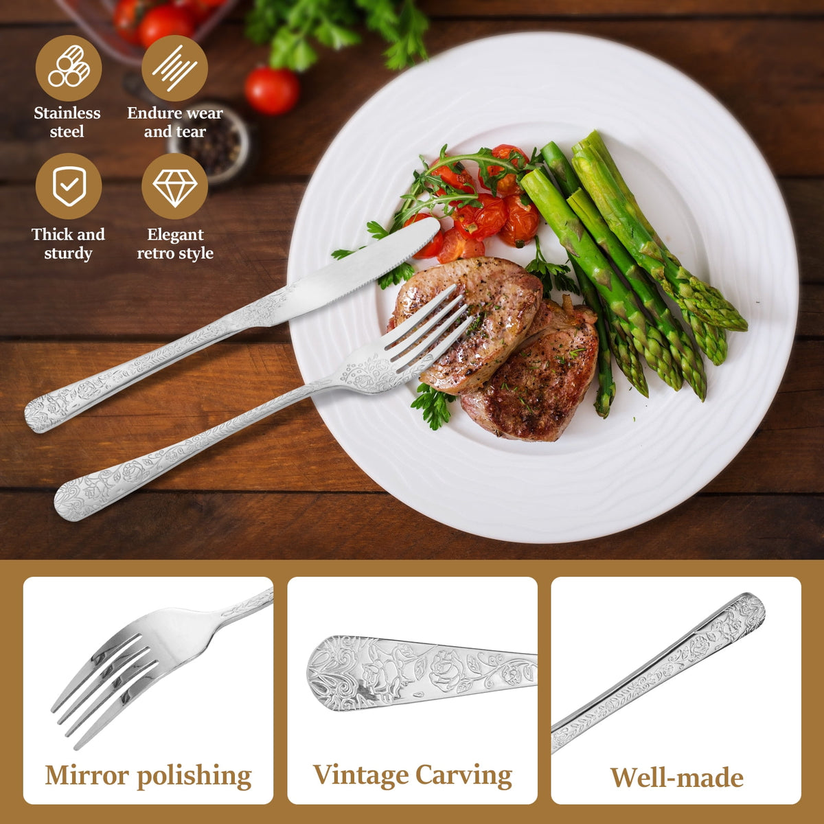 20 Pcs Floral Silverware Set Including Fork Spoon and Knife Stainless Steel Flatware Set Vintage Cutlery Set Mirror Polished Utensil Set for Kitchen Dishwasher Safe Service for 4