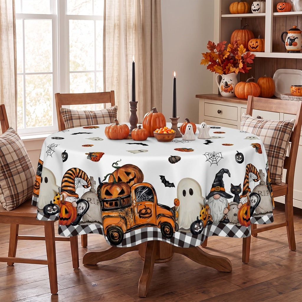 Sm:)e Truck Jack O Lantern Pumpkin Bat Buffalo Plaid Halloween Tablecloth 60 x 84 Inch, Wrinkle-Resistant Table Cover for Dining Decor, Rectangle