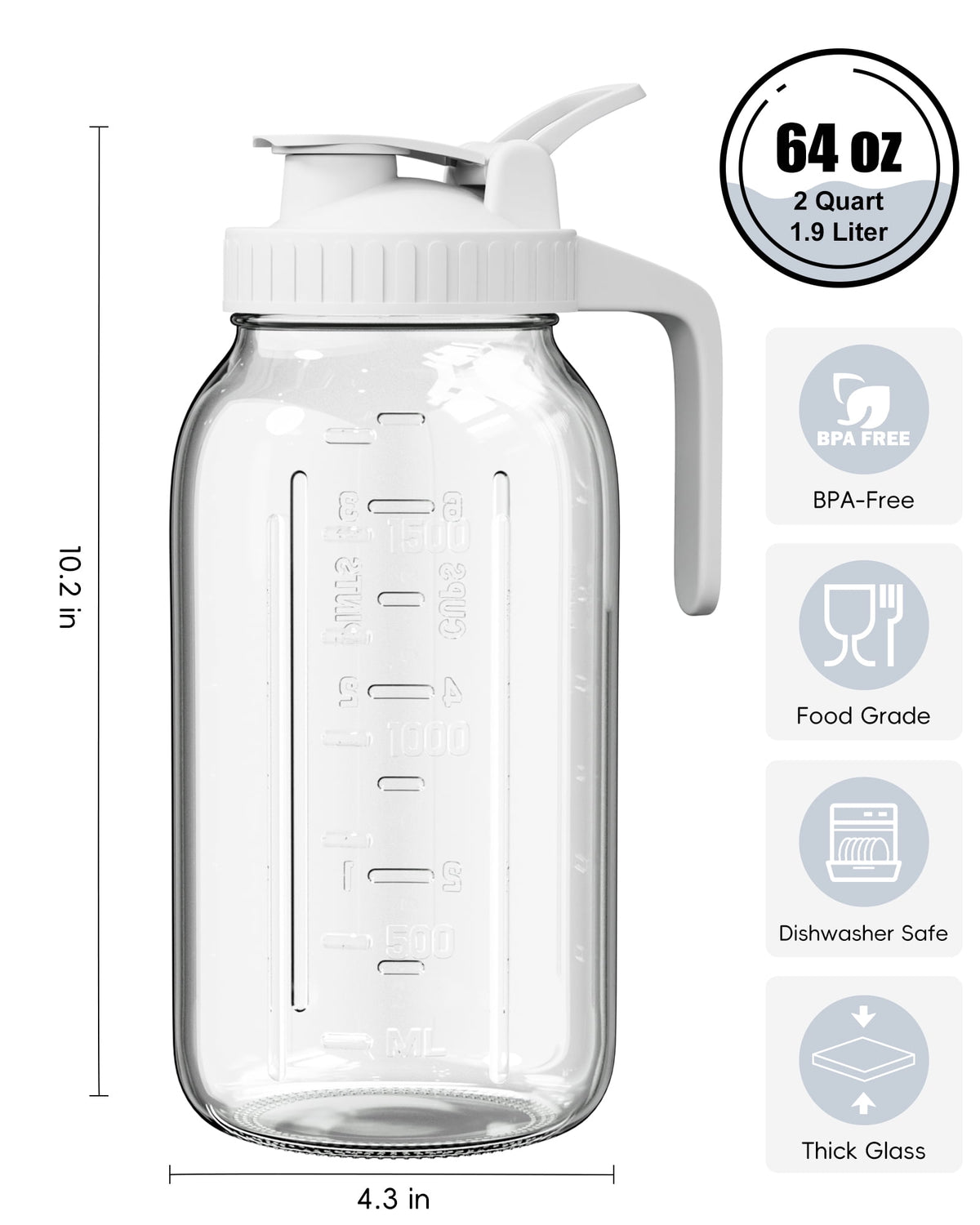 VA1KENE Glass Pitcher with Lid, Mason Jar Pitcher with Spout and Handle for Lemonade, Iced Drinks, and Sun Tea 64oz Gray