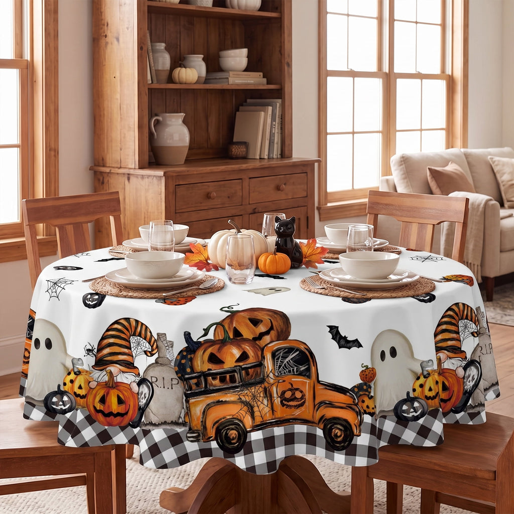 Sm:)e Truck Jack O Lantern Pumpkin Bat Buffalo Plaid Halloween Tablecloth 60 x 84 Inch, Wrinkle-Resistant Table Cover for Dining Decor, Rectangle