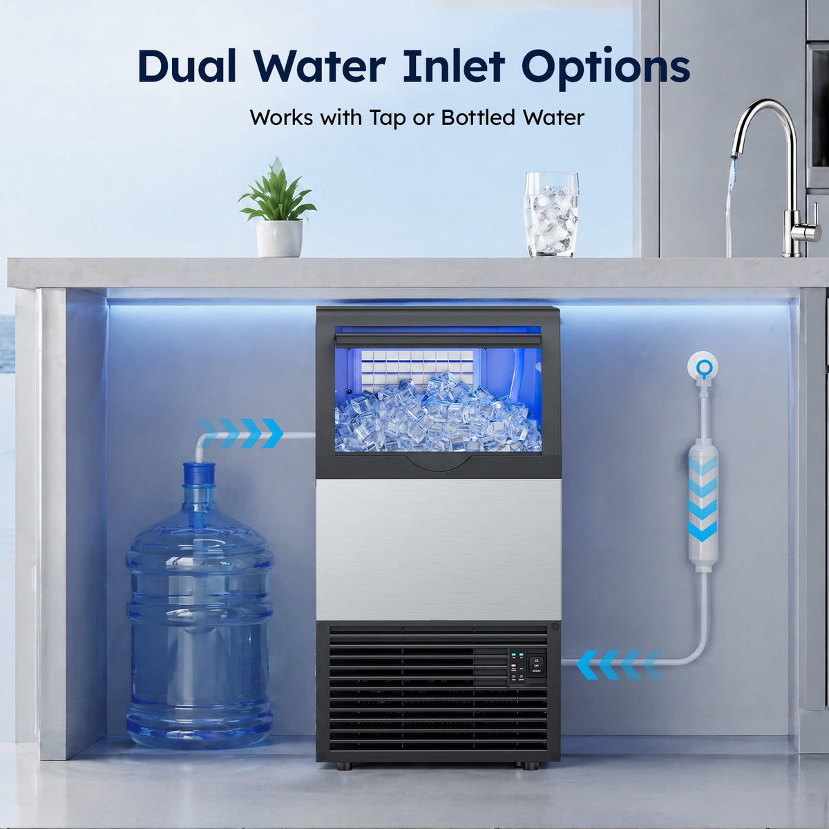 Ecojoy Commercial Ice Maker Machine, 150 Lbs/Day Stainless Steel Under Counter Ice Maker, 40Lbs Ice Storage Bin, Water Filter, 45 Cubes in 8-12 Mins