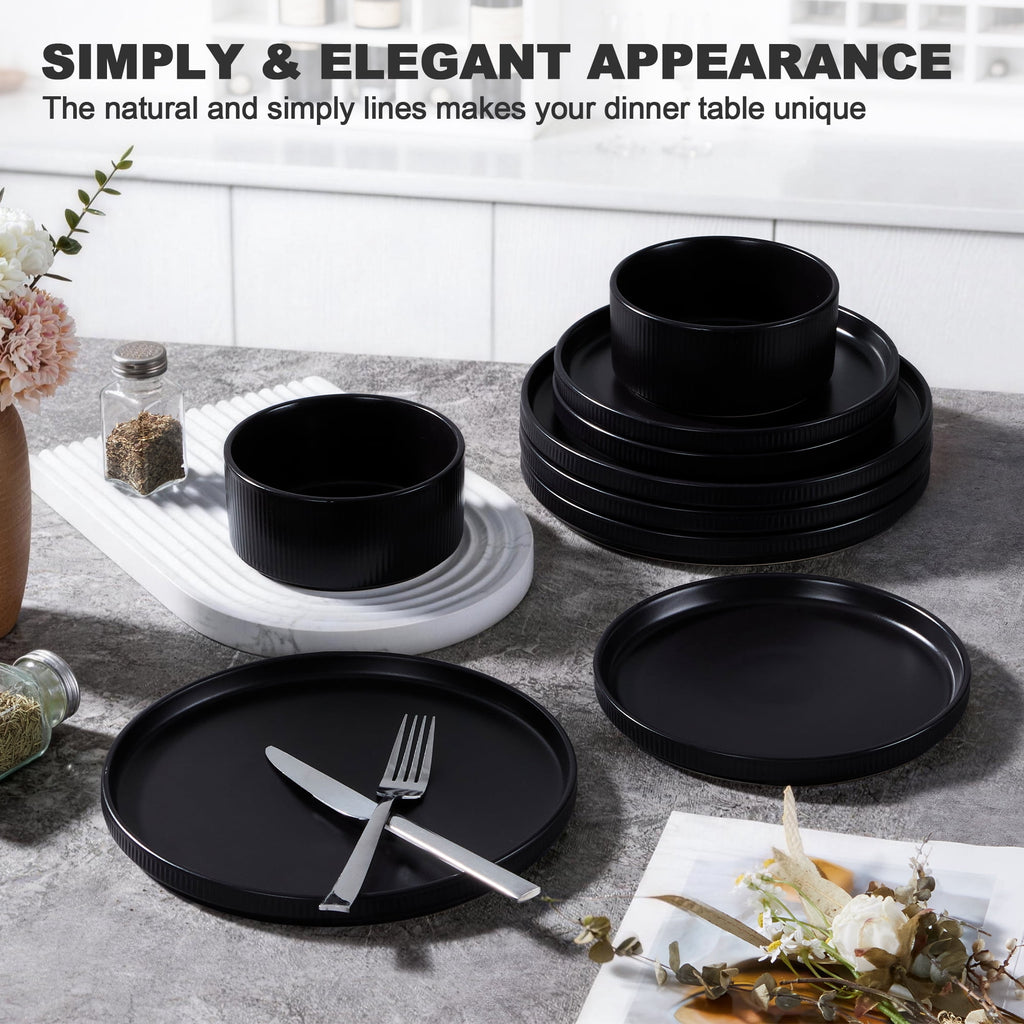 Vesteel 12 Pieces Dinnerware Set for 4, Premium Stoneware Ribbed Dishes, Chip & Scratch Resistant Plates and Bowls Set for Home Restaurant, Microwave and Dishwasher Safe - Speckled White