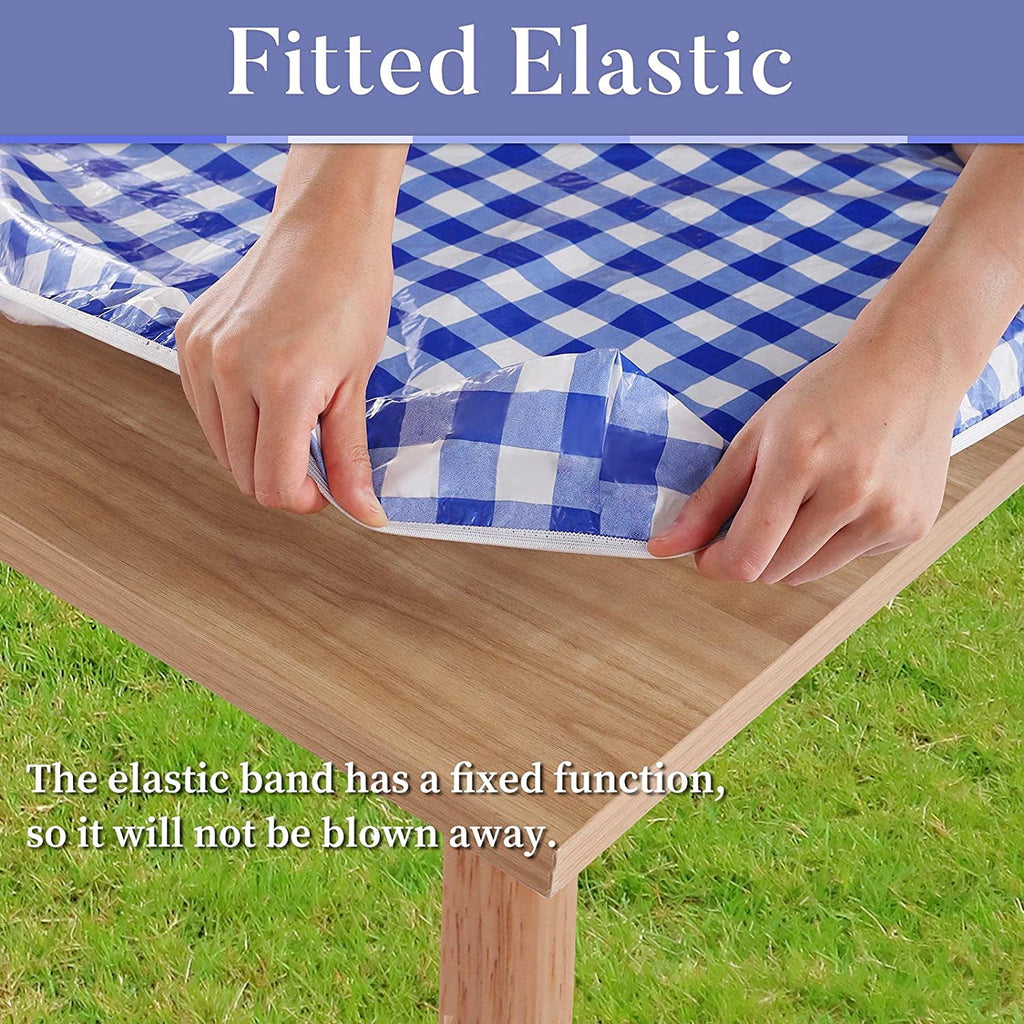 UMINEUX 3-Piece Rectangle Checkered Picnic Table Cover with Bench Covers Vinyl Flannel Backing with Elastic Edge (30"x72", Black and White)