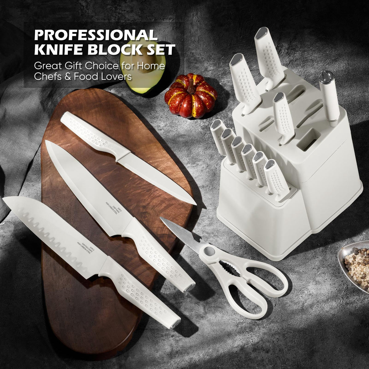 Vesteel Knife Block Set for Kitchen, 15-Piece High Carbon Stainless Steel Knives Set with Ergonomic Handle, Ultra-sharp & Rust Resistant, Walnut Brown