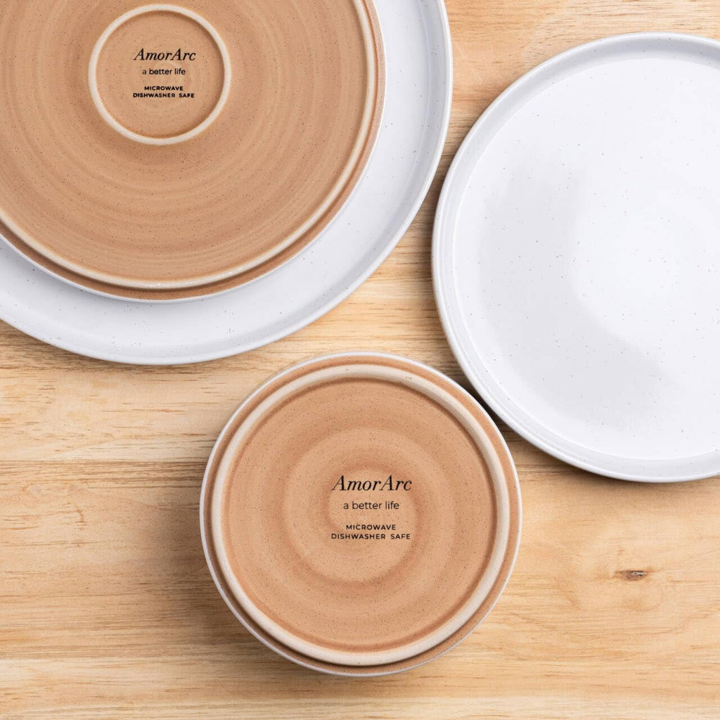 AmorArc Ceramic Dinnerware Set for 4 | Speckled Stoneware Plates and Bowls with unglazed terracotta | Scratch Resistant, Dishwasher & Microwave Safe Dishes Sets- 12-Pcs Pink