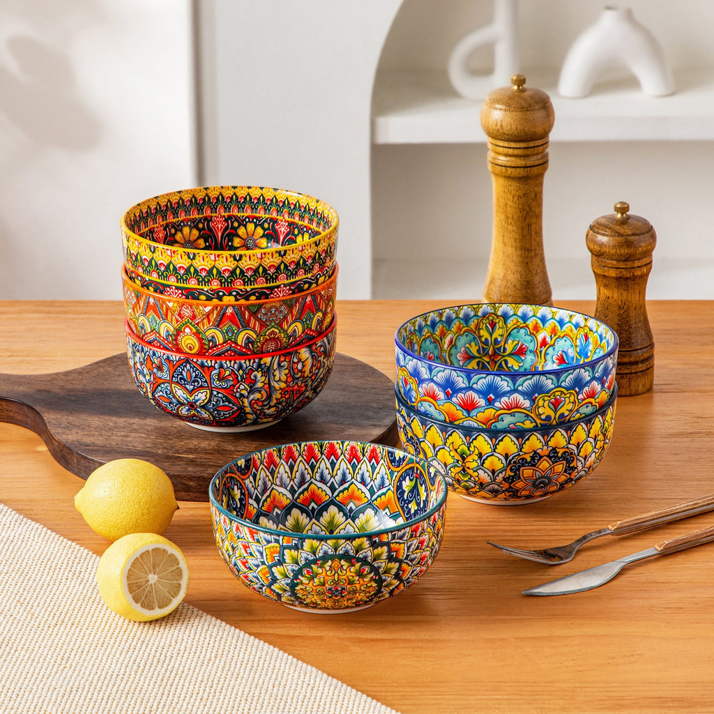 vancasso 6 Pieces Cereal Bowls Set, 28 Oz Deep Soup Bowl, Ceramic salad Bowls Set for Kitchen, Microwave Dishwasher Safe, Bohemian Style, Series LUMI