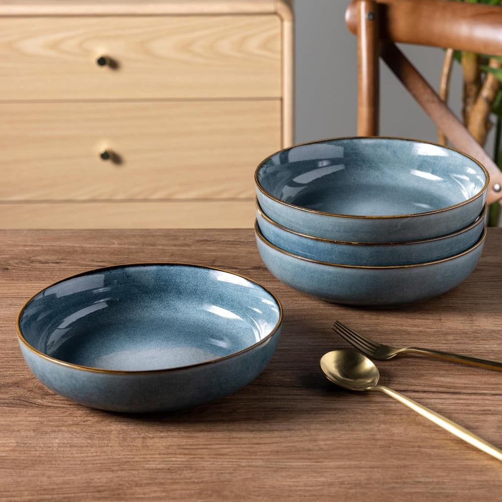 AmorArc 8.75'' Large Ceramic Pasta Bowls, 38oz Stoneware Pasta Serving Bowls Set of 4 for Kitchen, Wide Bowls for Fruit,Pasta,Salad,Oatmeal,Meal, Microwave Safe, Reactive Glaze-Space Blue
