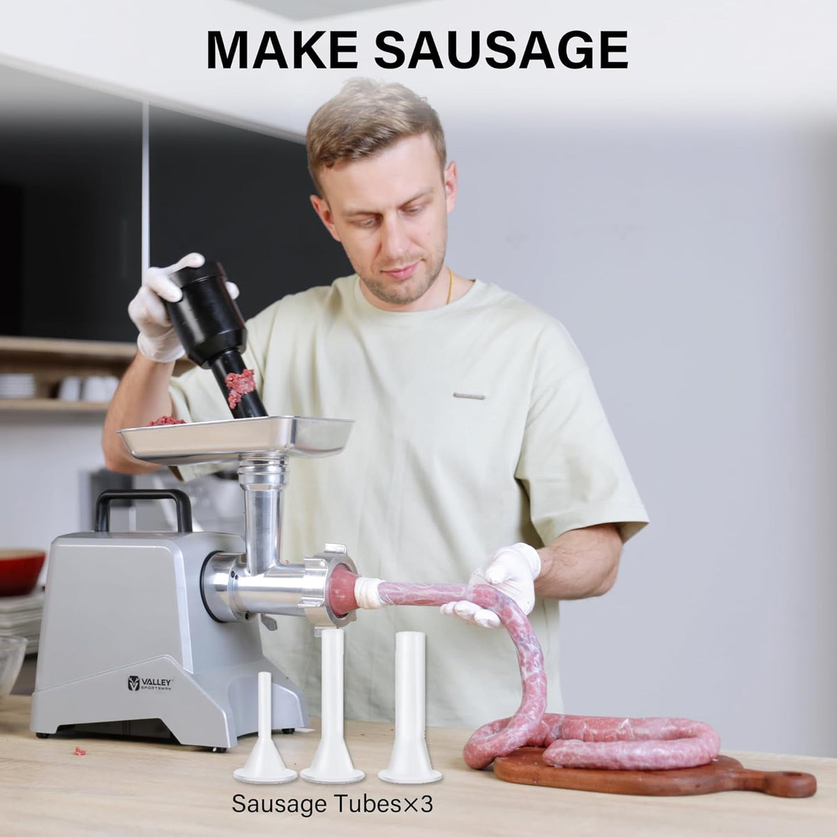 Valley Sportsman #8 Stainless Steel Meat Grinder, Powerful 575-Watt Motor Sausage Meat Grinder with Grinder Knife, Ideal for Regular Use, Sausage Making, Silver