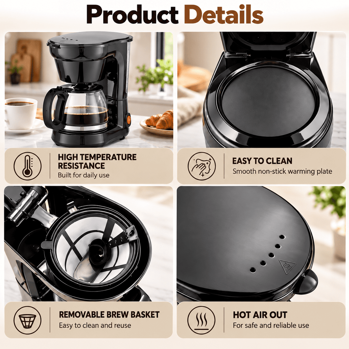 Coffee Maker, 6-Cup Drip Coffee Maker with Glass Carafe, Reusable Filter, Pause and Serve, Keep Warm, Black