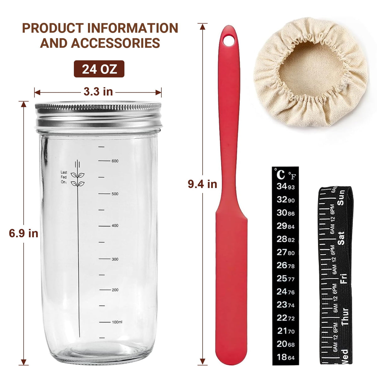 TINANA Sourdough Starter Jar Kit, 650ml Sourdough Starter Jar With Thermometer, Silicone Scraper, Cloth Cover And Aluminum Lid. Reusable Sour Dough Starter Jar