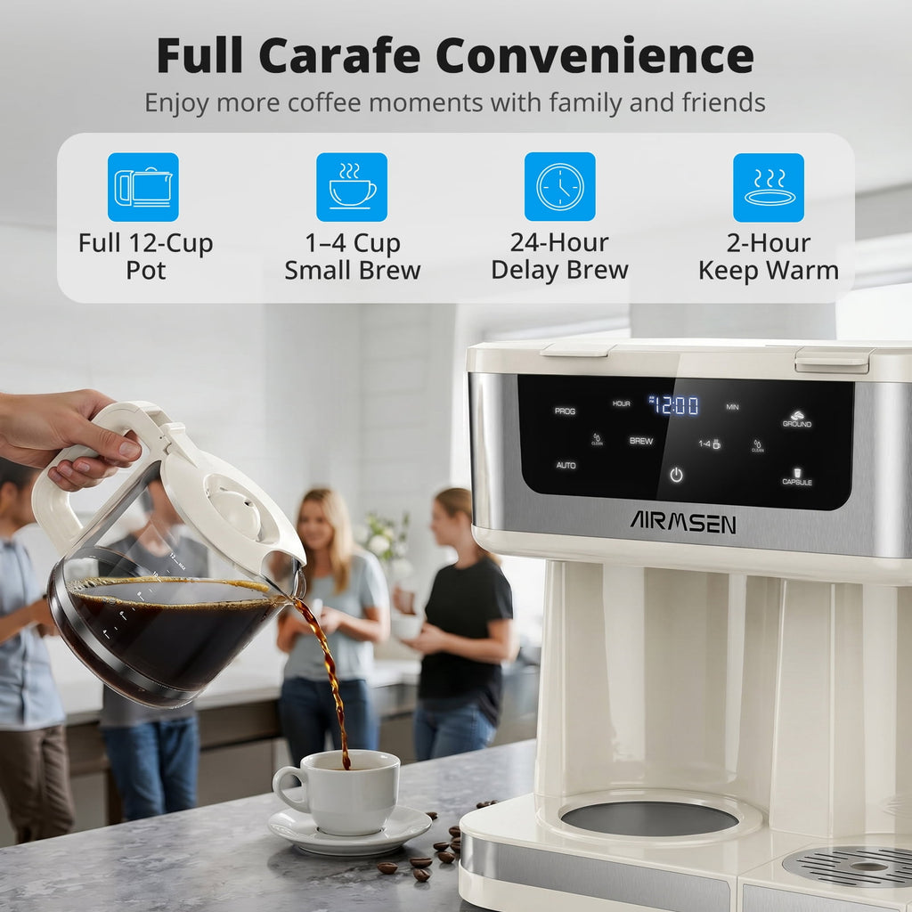 AIRMSEN 12-Cup Drip Coffee Maker with K Cup Combo, Programmable Coffee Machine with 1-4 Cup Setting, Single Serve or Coffee Pot, Auto Shut-off, Spill-Free Spout